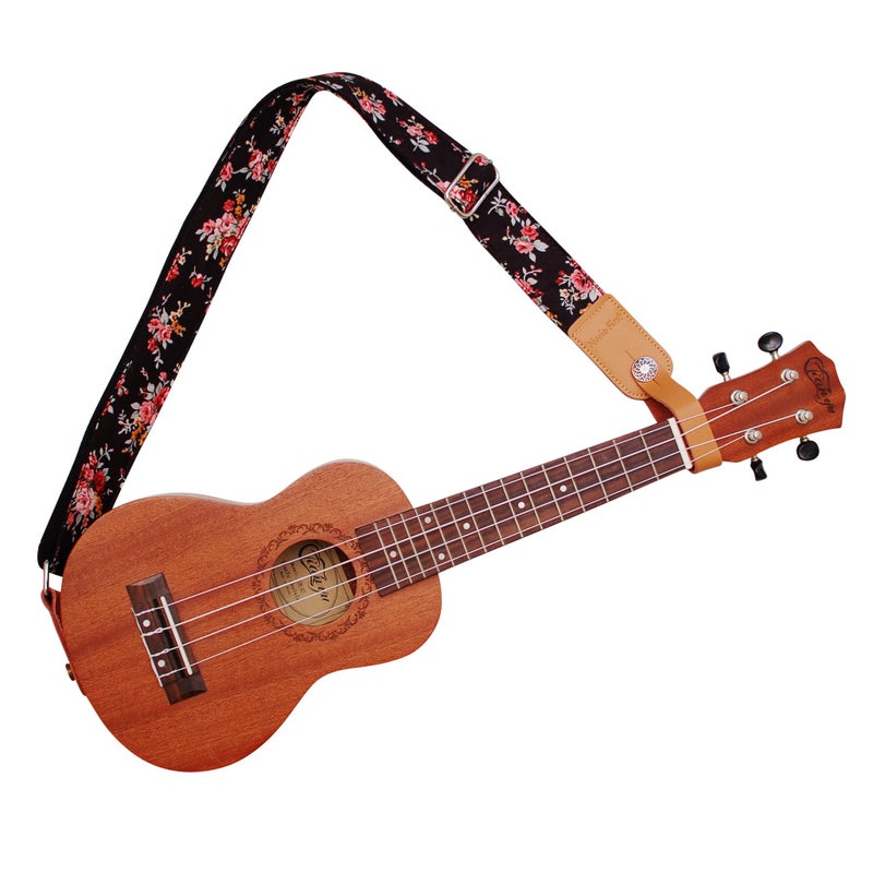 MUSIC FIRST Original Design â€œRosa Multiflora in Blackâ€ Soft Muslin & Genuine Leather Ukulele Strap Ukulele Shoulder Strap - Image 2